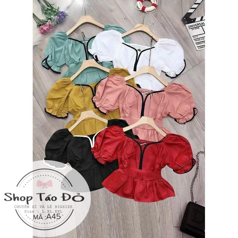 (TÁO ĐỎ BIGSIZE 55-90KG) Áo Peplum Viền Đen Ngực Và Tay phồng siêu xinh A45