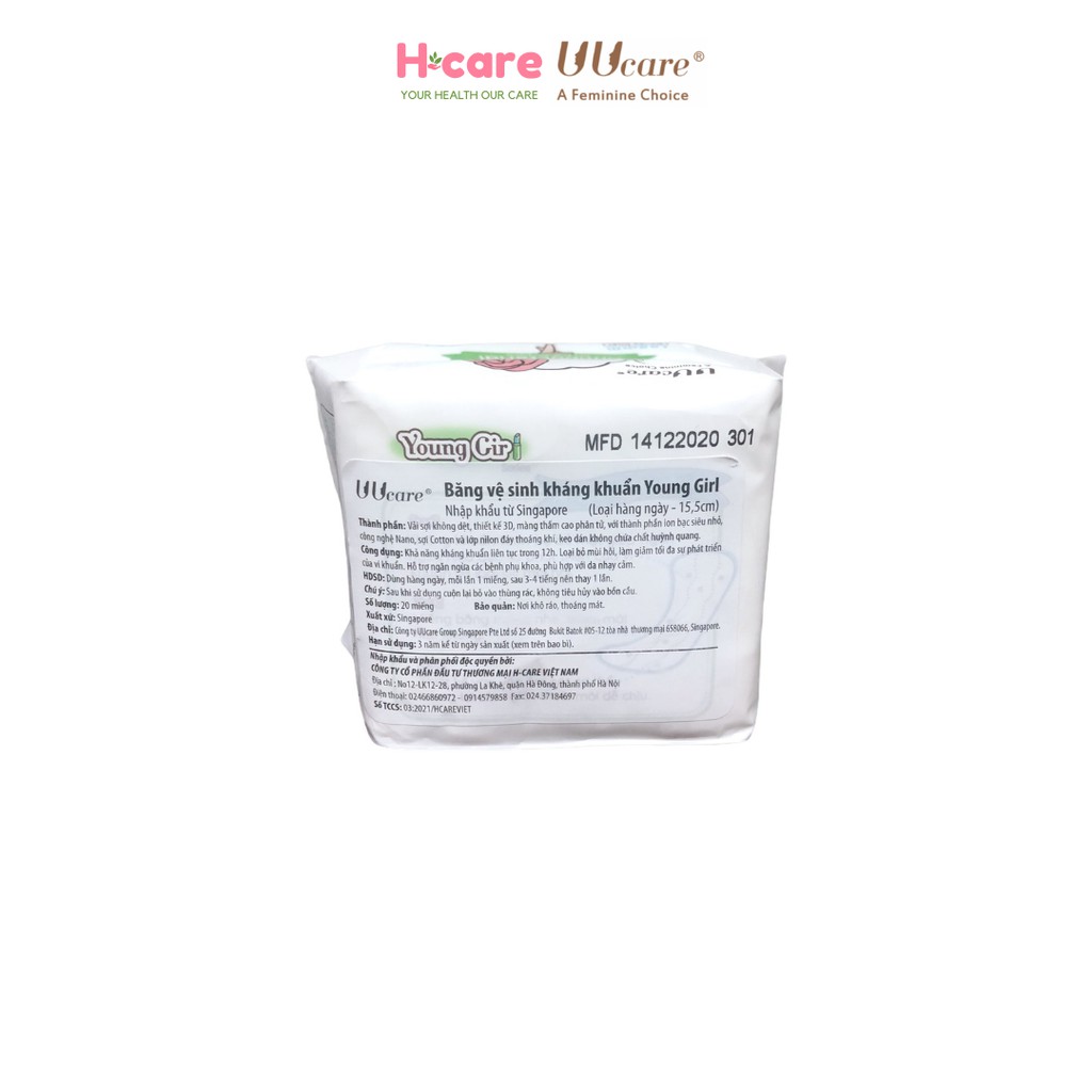 Băng vệ sinh Kháng Khuẩn UUcare YoungGirl 15.5cm hàng ngày 20 miếng/gói