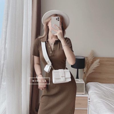 Váy tổ ong cổ bẻ khuy dáng bo eo nhẹ tôn dáng