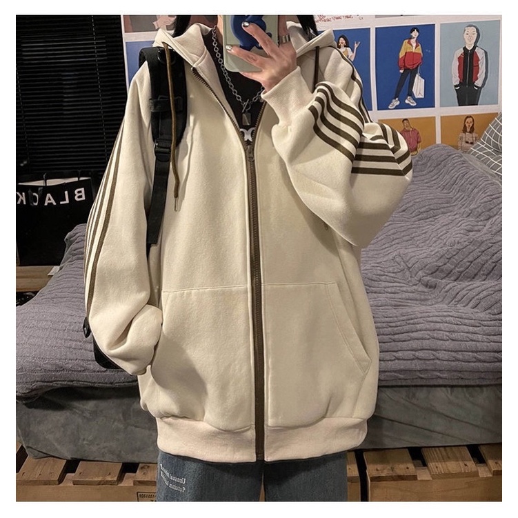 Áo khoác hoodie zip kẻ sọc form rộng mũ 2 lớp