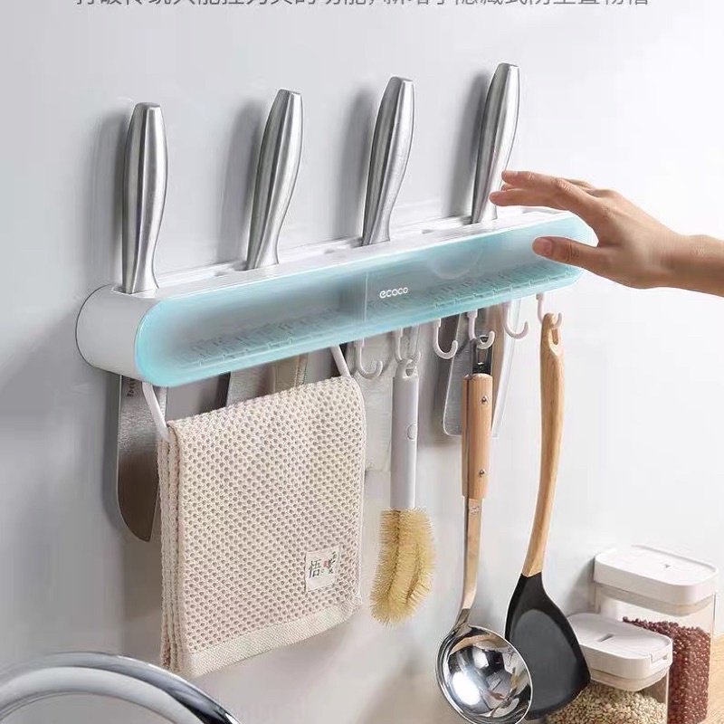 Kệ Cắm Dao Kéo ECOCO Kèm Giá Đựng Đũa Thìa Kèm Móc Treo Khăn Tiện Lợi, Kệ Dán Tường Cài Dao Kéo 2028