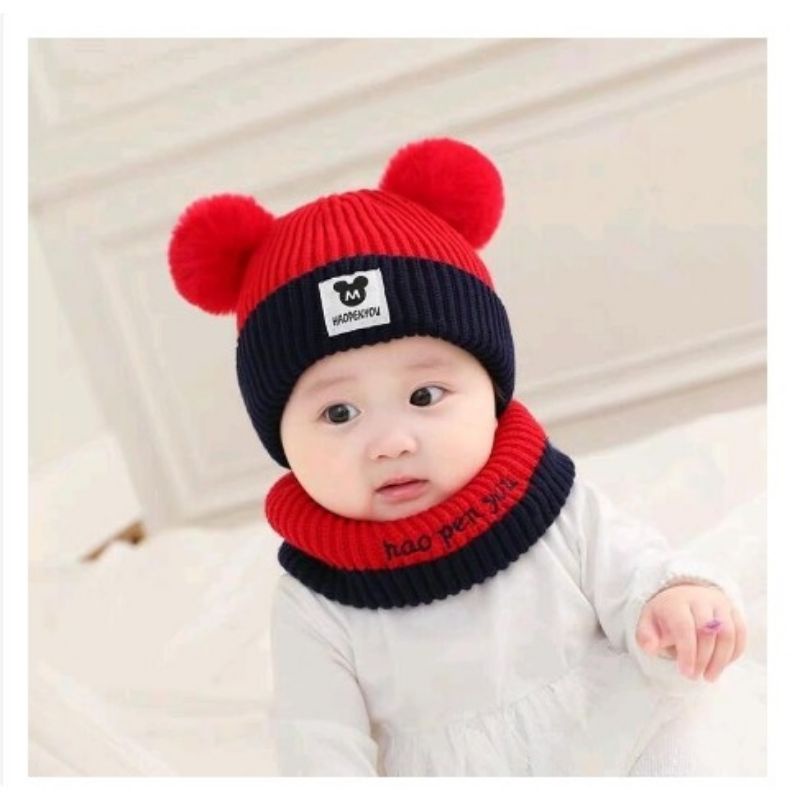 Set mũ len hai quả bóng kèm khăn quàng cổ cực yêu cho bé trai/bé gái