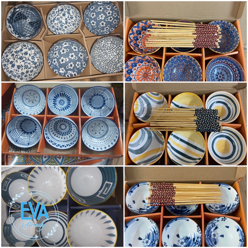 SÉT 6 Chén Sứ Hoạ Tiết Hoa Văn Phong Cách Tặng Kèm 6 Đũa Hoá ĐẸP