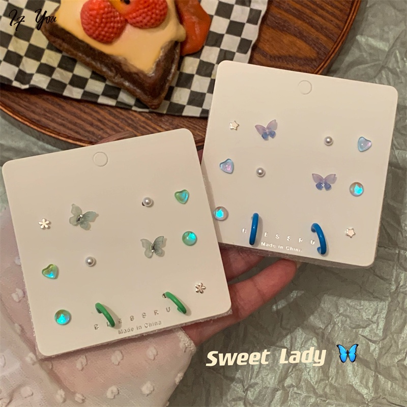 Set 6 đôi khuyên tai AY dạng xỏ thiết kế bướm hoa trái tim ngọc trai nhân tạo thời trang cho nữ