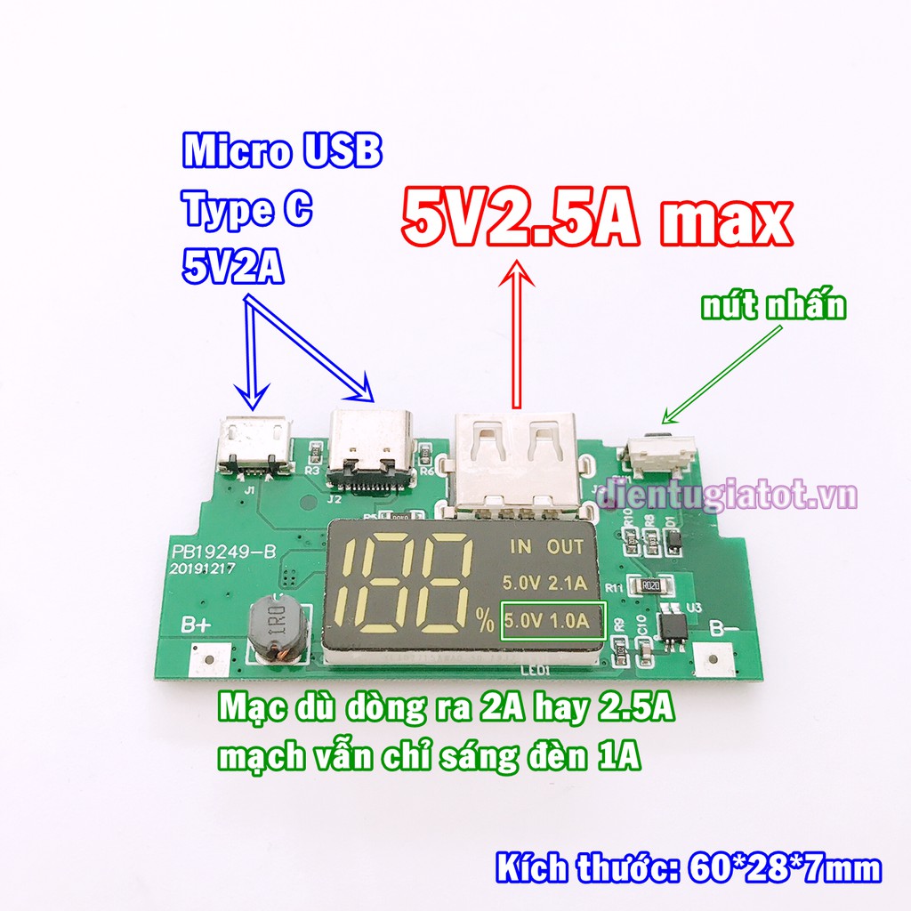 Mạch sạc dự phòng màn LED 5V2.5A 1 cổng ra, đầu vào micro và type C, mạch mới