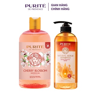 Combo Sữa Tắm Thiên Nhiên Purité Hoa Anh Đào 500ml + Dầu gội Purité serum thiên nhiên giảm ngay hư tổn 620ml