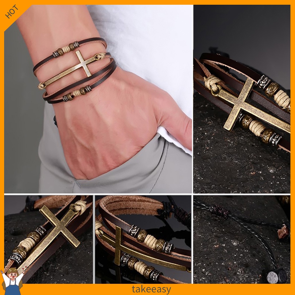 Vòng Tay Giả Da Mặt Thánh Giá Có Thể Điều Chỉnh Kích Cỡ