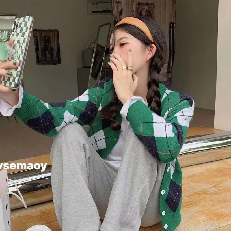 Áo khoác cardigan dệt kim Pure Cube tay dài màu sắc thời trang retro