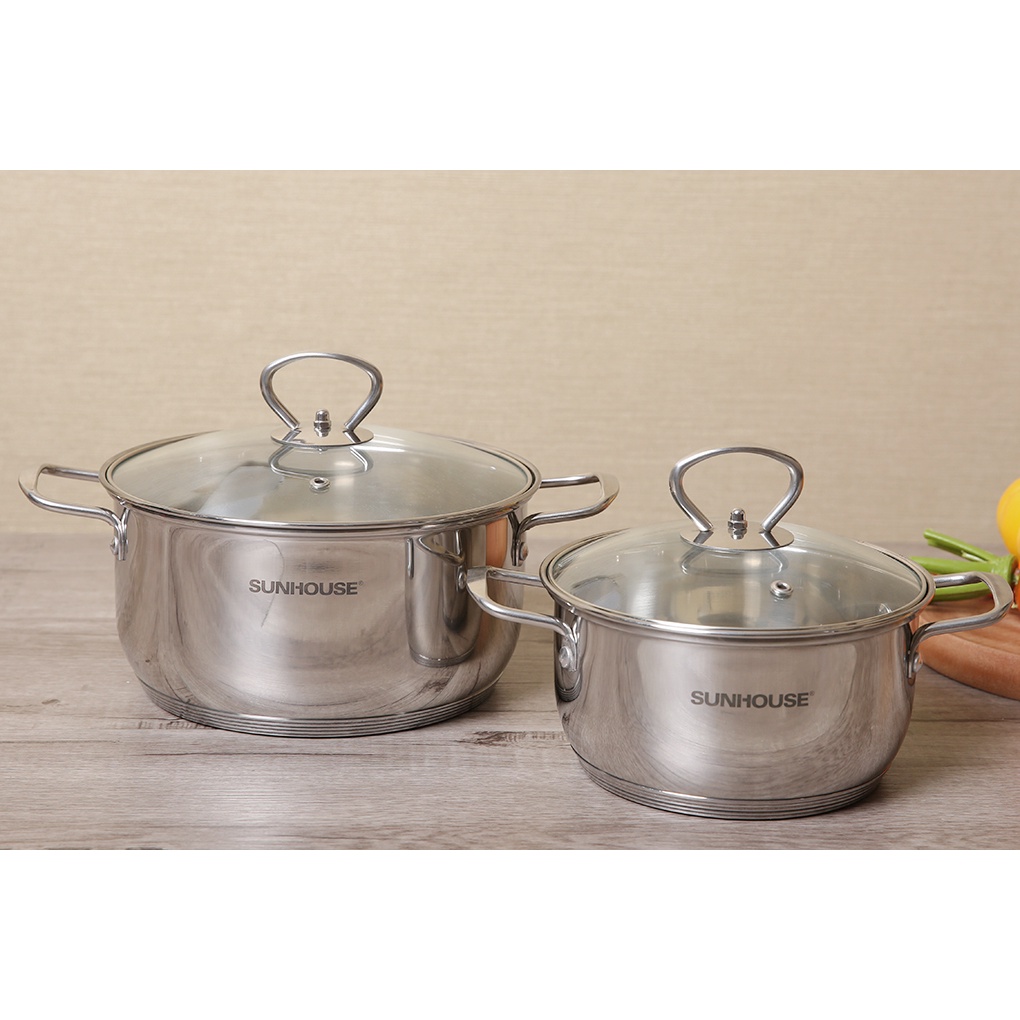 Nồi 2 quai inox 3 đáy nắp kính16, 20, 24 cm sunhouse sh22120 - bền đẹp  - dùng cho được mọi loại bếp