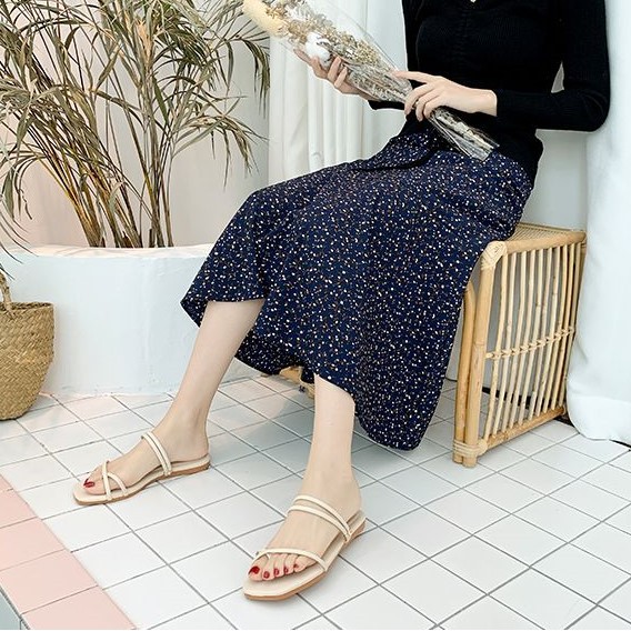 Sandal bệt xỏ ngón 2 màu kem + đen, đi được 2 kiểu - Mã S47