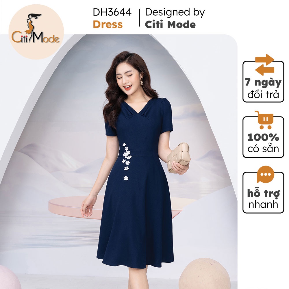 Đầm A xanh than thêu hoa eo DH3644