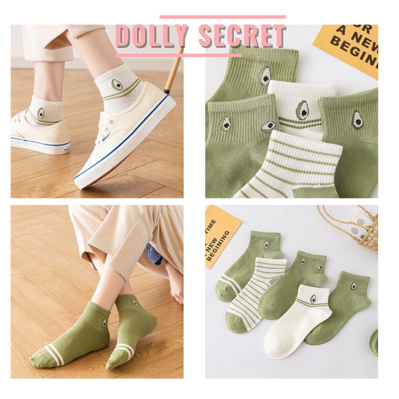 Set 5 đôi tất vớ cổ ngắn họa tiết kẻ Vintage dễ thương cotton mềm nhiều kiểu cute dễ thương DOLLY SECRET T06