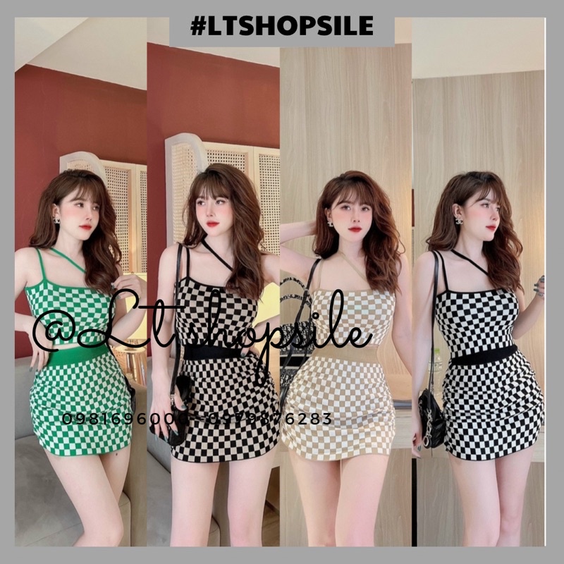 Set Váy Len Kẻ Ô Chéo Dây Ngực Mix Chân Váy A Ngắn Cá Tính V061