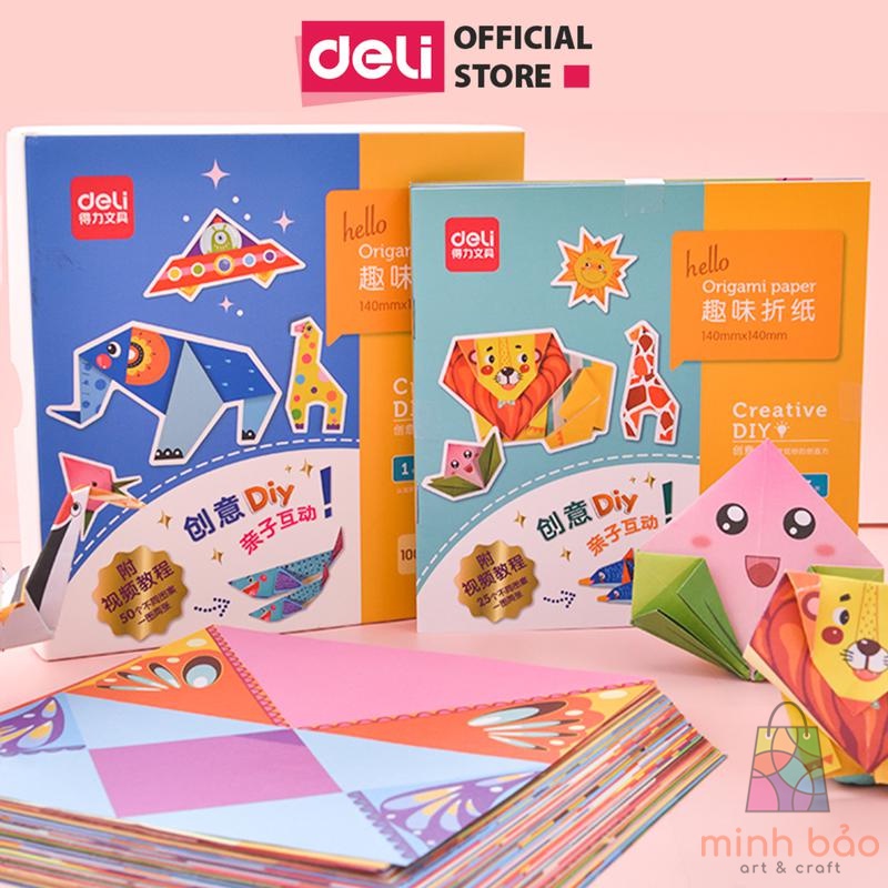 BỘ 50/100 TỜ GIẤY THỦ CÔNG ORIGAMI DELI - IN SẴN HỌA TIẾT KÈM SÁCH HƯỚNG DẪN, RÈN LUYỆN SỰ KHÉO LÉO CHO BÉ - 74817/74818