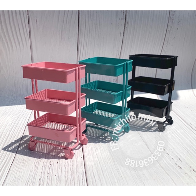 Mô hình kệ xe đẩy ikea trolley mini 3 tầng bằng kim loại cho nhà búp bê