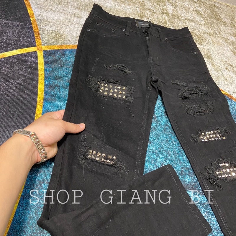 Quần jean nam đính đá to dáng slimfit,quần bò nam đính đá amiri rách xước khâu viền phần vá