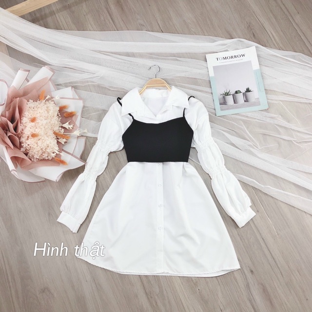 Set đầm sơ mi phối áo cột nơ sau - S5U