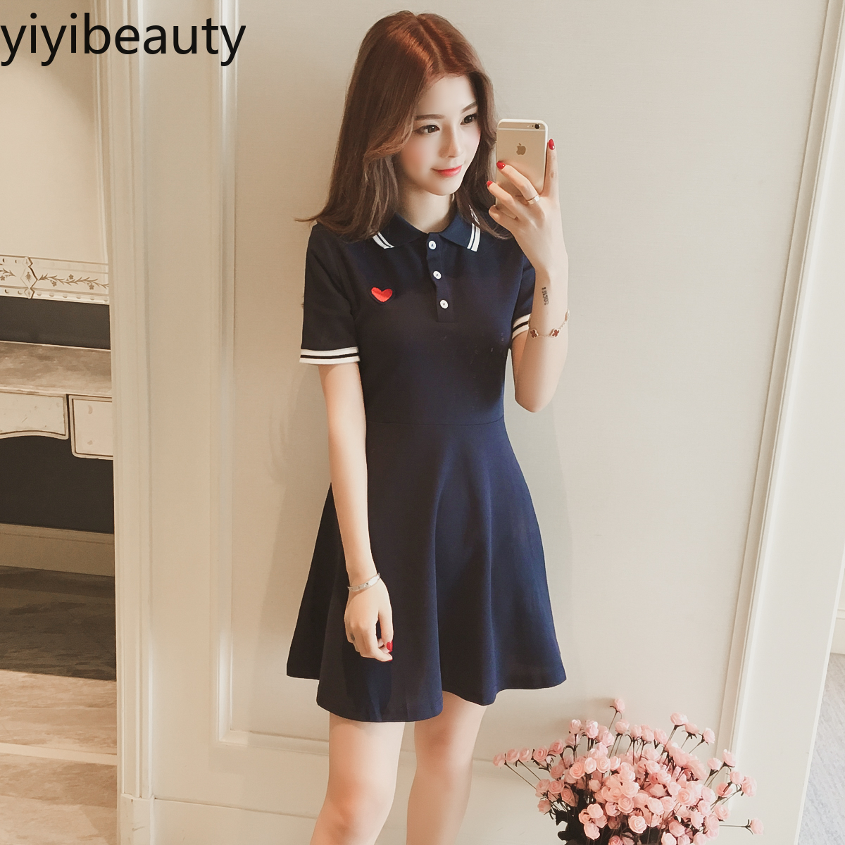 yiyibeauty Summer new Korean love embroidery women's polo collar a-line short sleeve black T-shirt dress