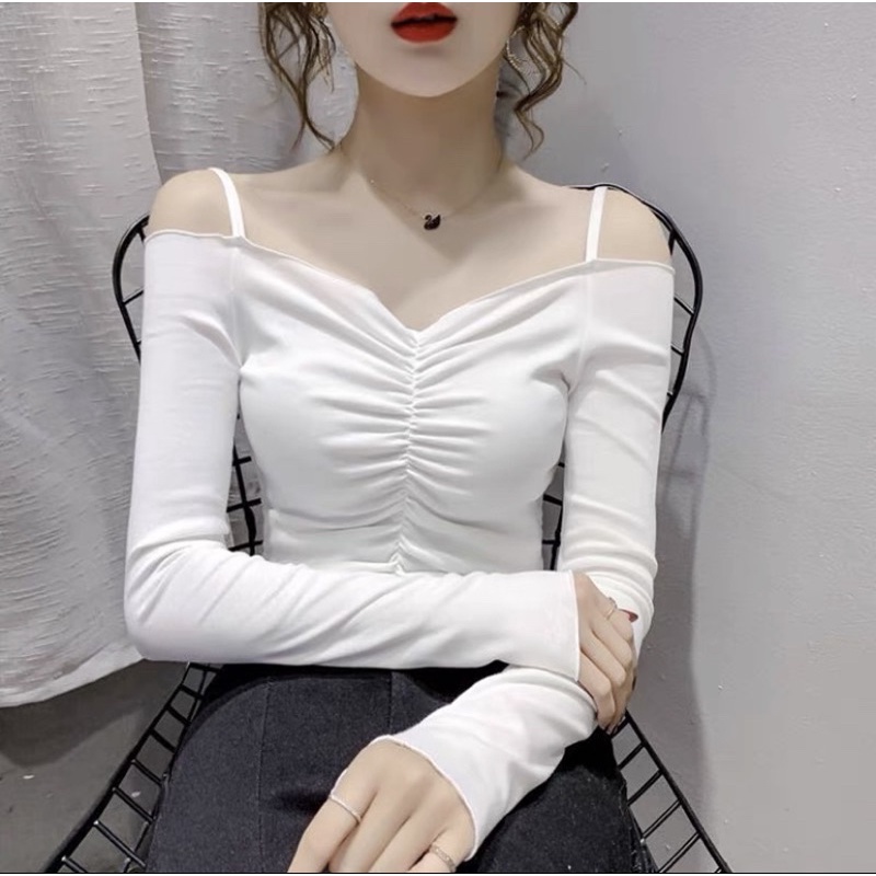 Áo trễ vai tay dài 2dây nhúng ngực
