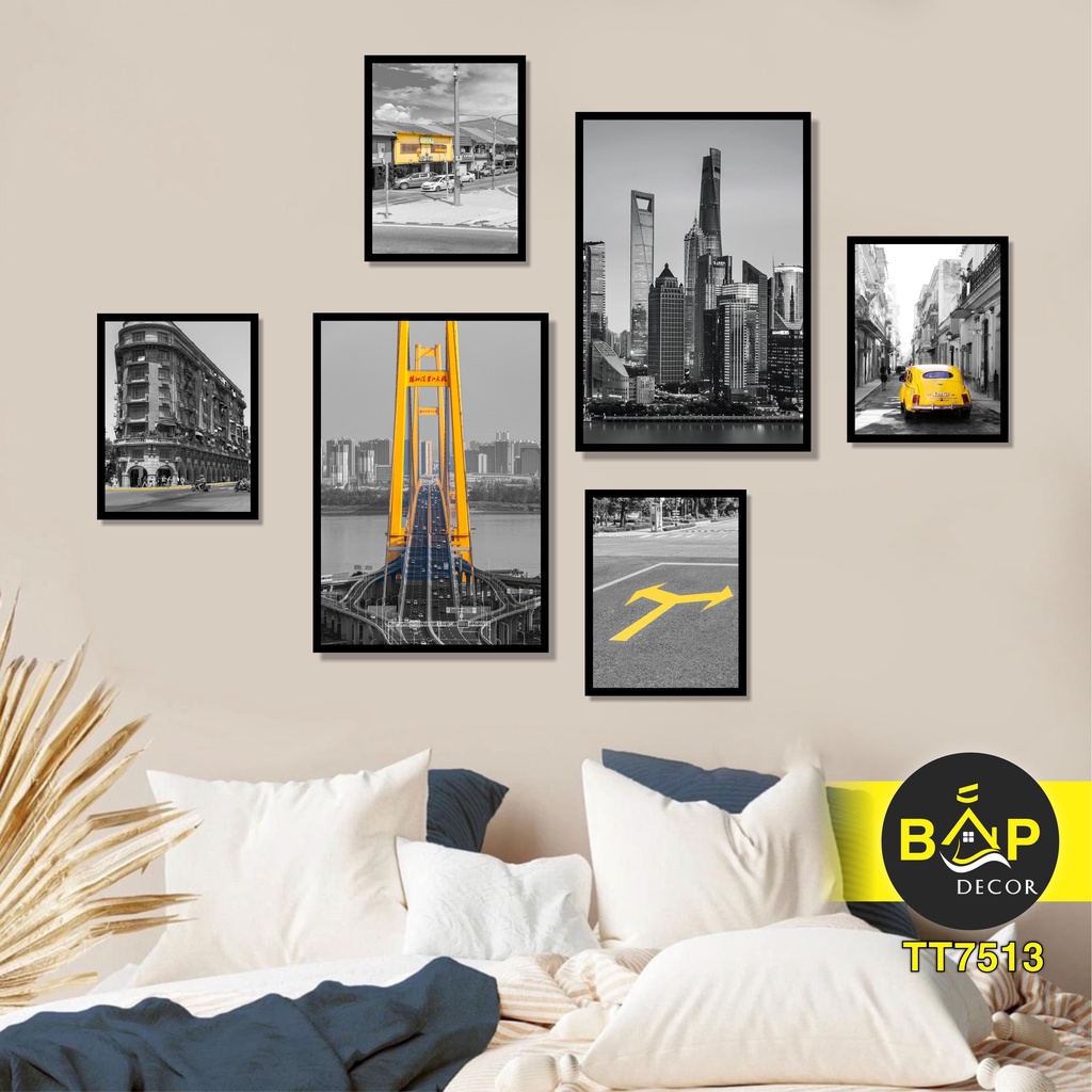 Combo set 6 tranh treo tường có sẵn keo, tranh dán tường không cần khoan tường, canvas, Bắp Decor.