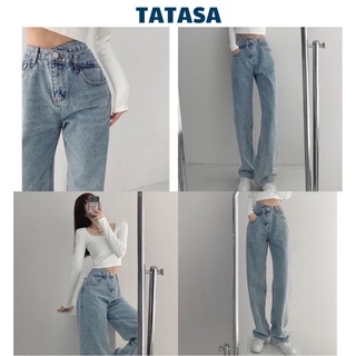 Quần jean nữ cạp cao ống suông khuy lệch TATASA