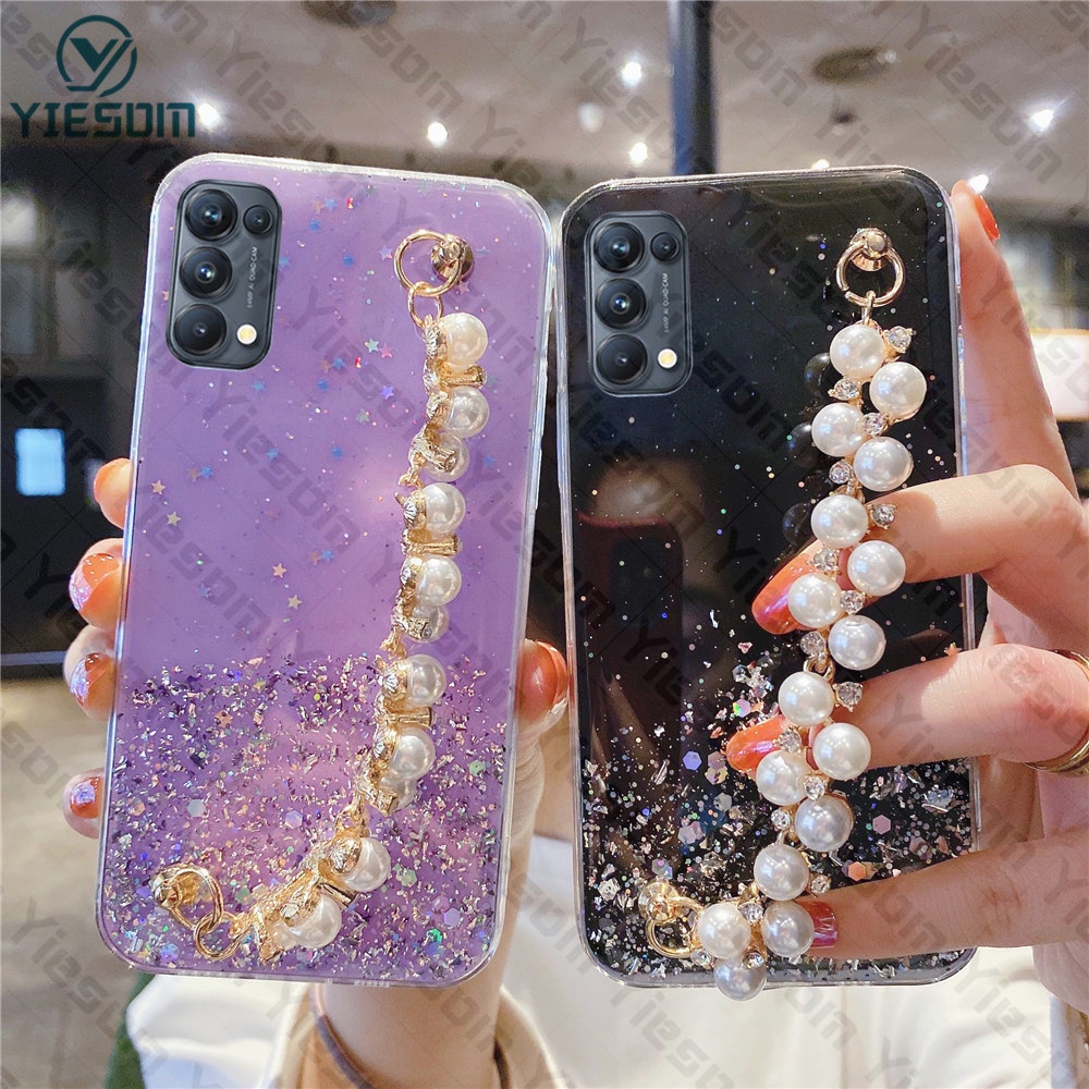 Sang Trọng ​Ốp Điện Thoại Silicon Mềm Trong Suốt Đính Kim Tuyến Kèm Dây Đeo Ngọc Trai Cho OPPO Reno 6Z 5G 6 5 4 3 Pro 4G Reno 2F 4F 5F 2