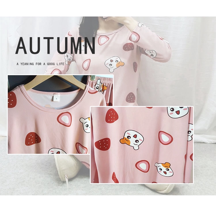 xiaohan korea Spring and Autumn loose nightwear round neck long sleeve sleepwear set cute print women Large size baju tidur | BigBuy360 - bigbuy360.vn