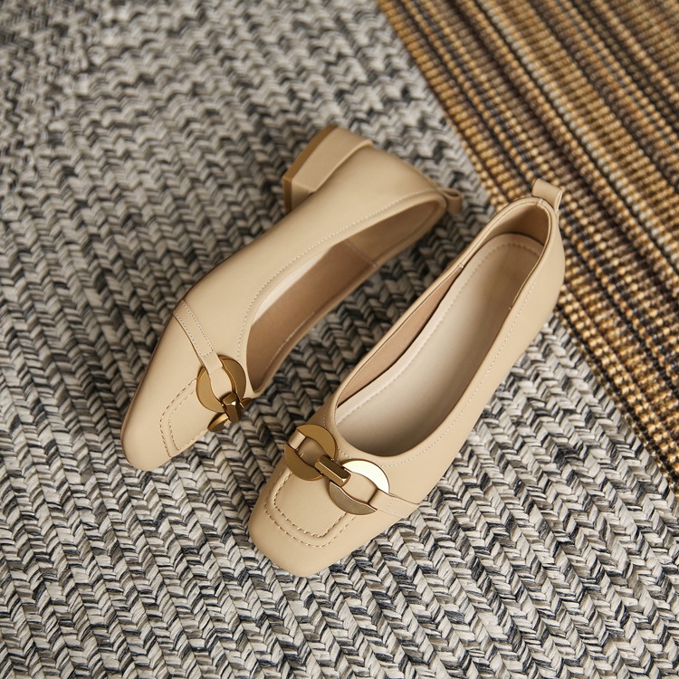 Giày Cao Gót Mũi Vuông Phối Khóa Kim Loại Phong Cách Retro Pháp