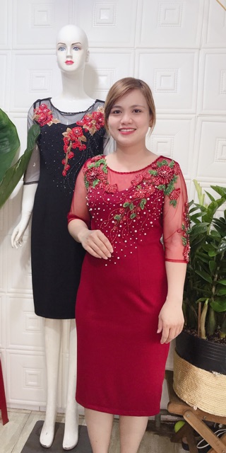 Đầm trung niên nữ phối hoa sang trọng, dự tiếc, thiết kế cao cấp