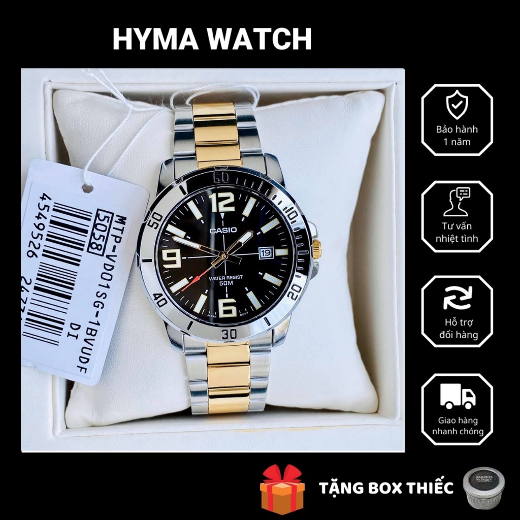 Đồng hồ nam dây kim loại mạ vàng mặt đen Casio MTP VD01SG-1BUVDF Bảo hành 1 năm Hyma watch