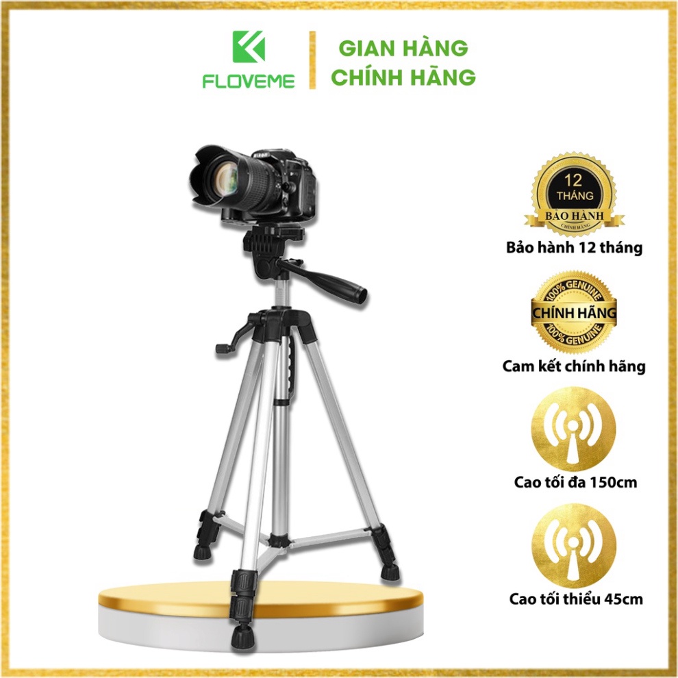 Gậy 3 Chân Máy Ảnh Chụp Hình Selfie Tự Sướng Tripod Floveme - 3366 cao 150cm Kèm Giá Đở Điện Thoại &amp; Máy Ảnh .