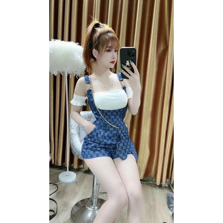 Set Yếm Jeans 3 Món Croptop Food 89 + Váy Chữ A + Áo Ống