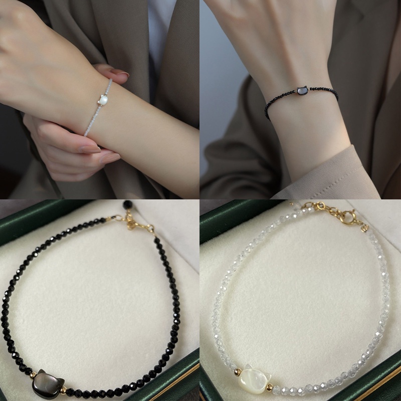 Vòng Tay Mạ Vàng 14k Mặt Hình Mèo Đen Đính Ngọc Trai Tự Nhiên Dễ Điều Chỉnh Thời Trang Cho Nữ