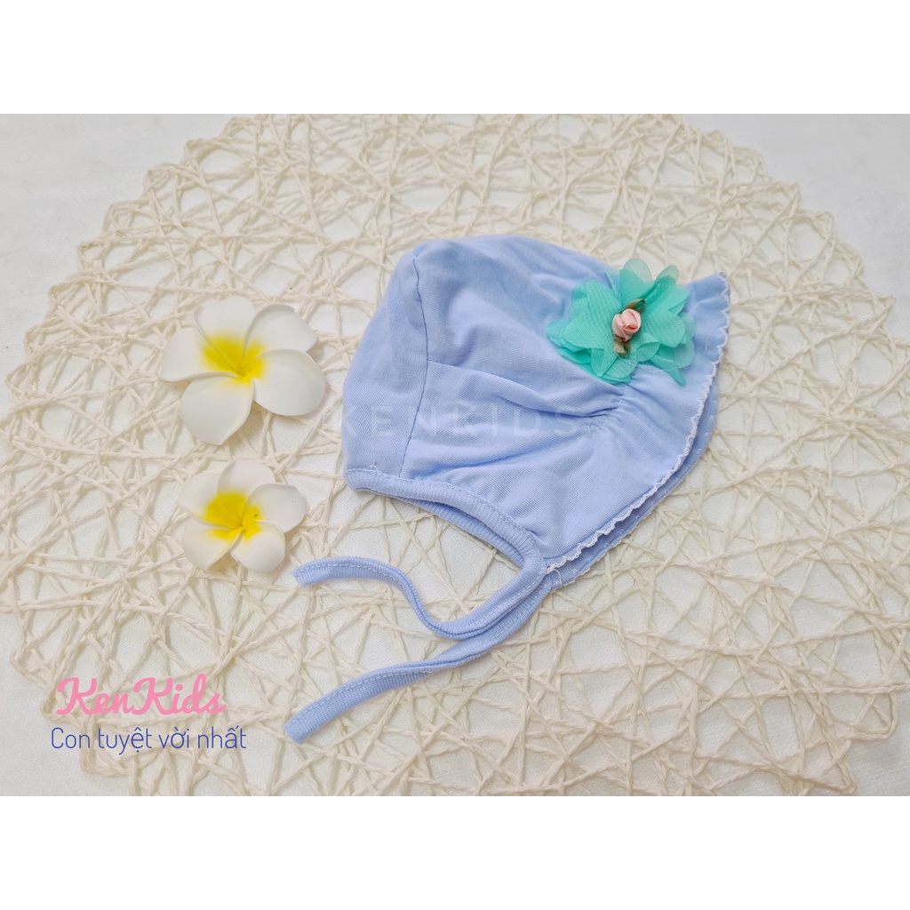 SET 3 Nón mũ bèo sơ sinh đính hoa 100% cotton mềm có dây buộc cho bé gái