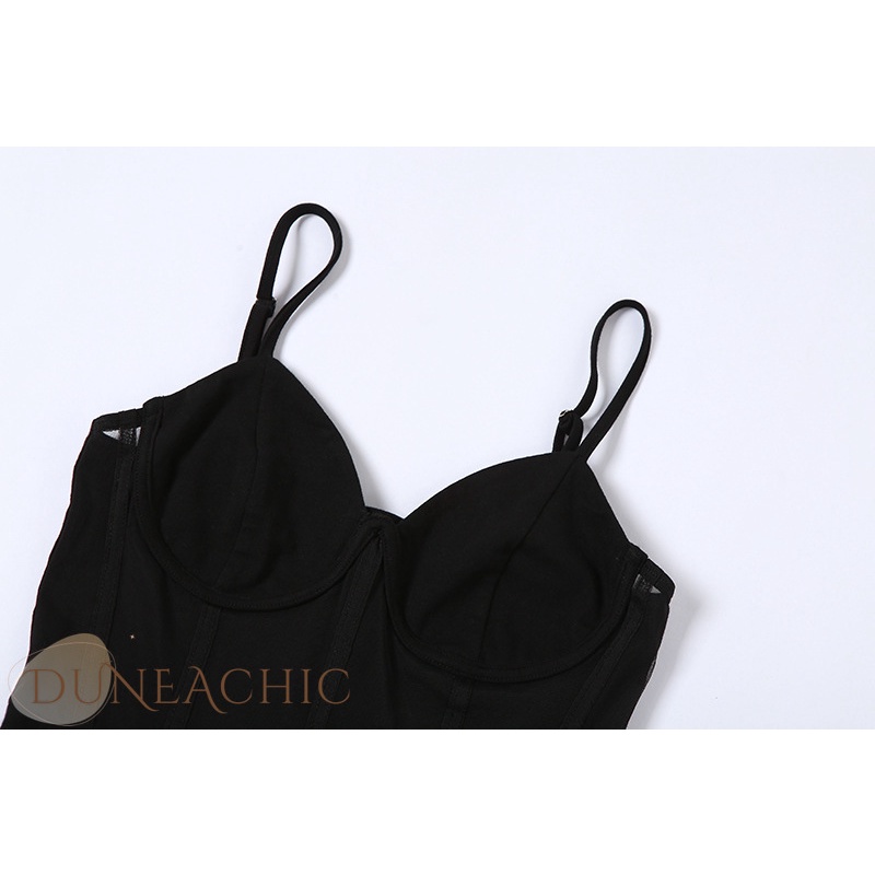 DUNEA Đầm Hai Dây Hở Lưng Phối Lưới Thời Trang Cho Nữ