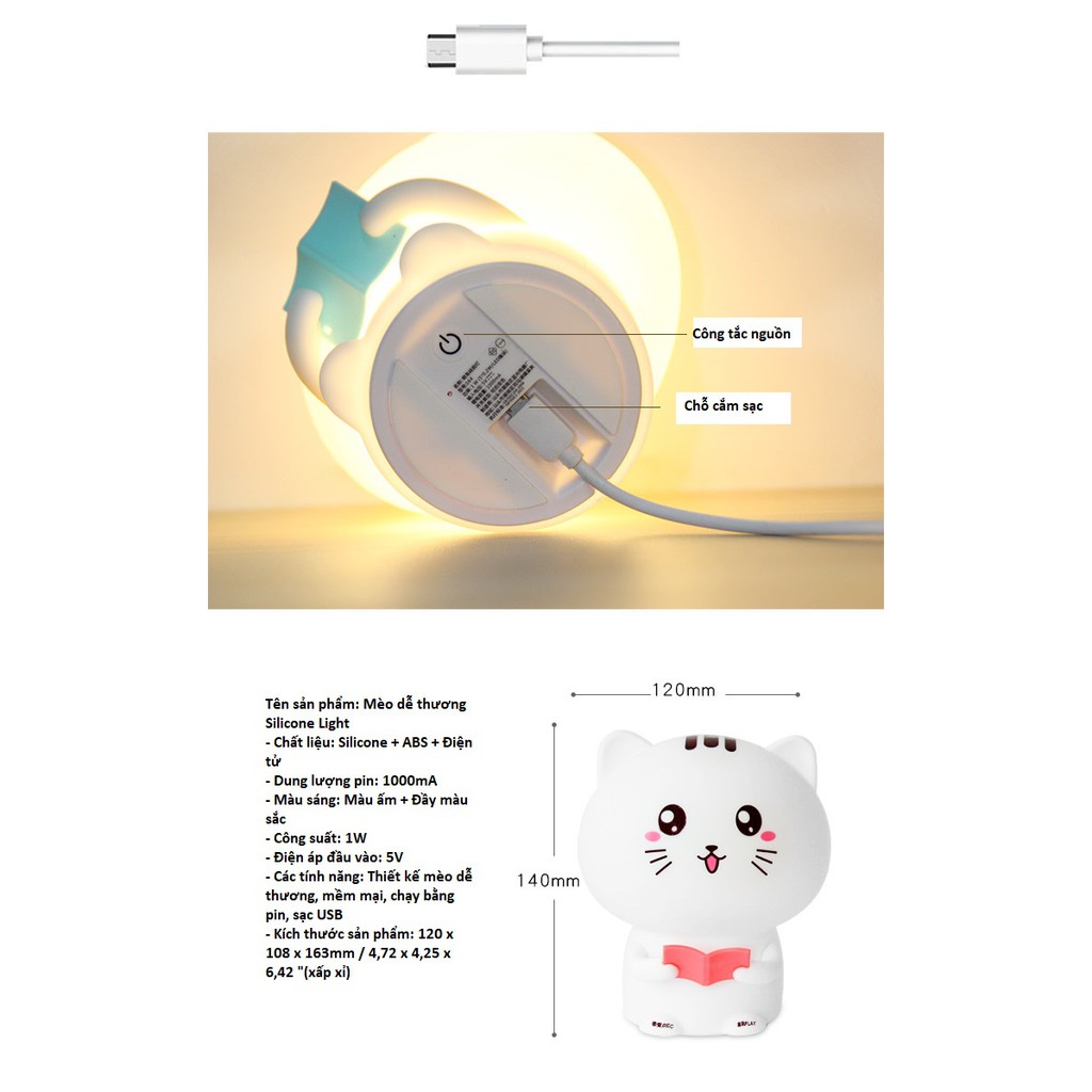 Đèn ngủ Silicon hình mèo con siêu đáng yêu cho các bạn nhỏ