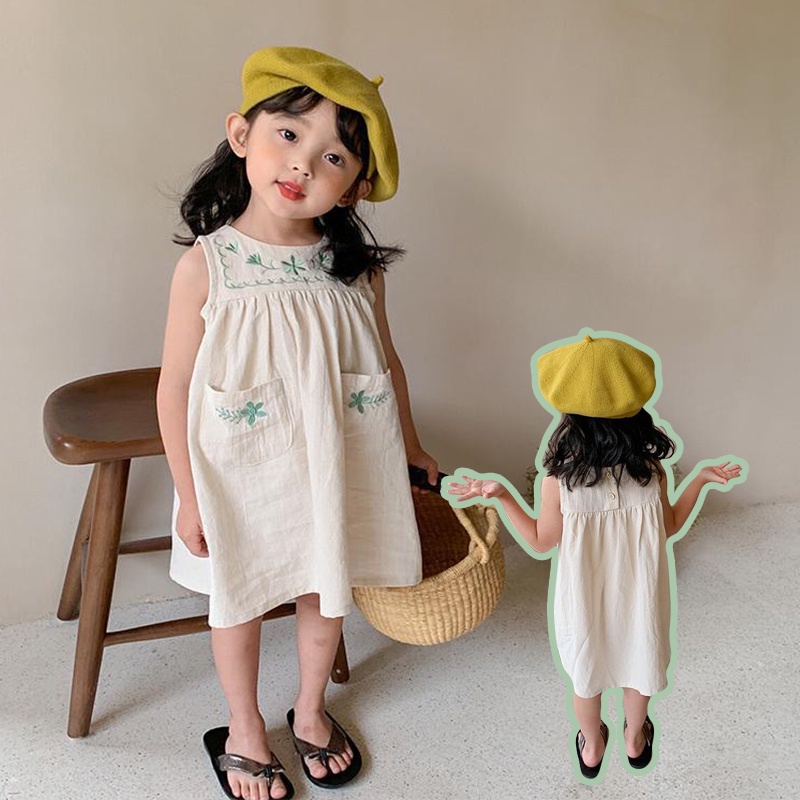 Đầm Ngắn Không Tay Thêu Họa Tiết Dễ Thương Phong Cách Dân Tộc Thời Trang Mùa Hè Cho Bé Gái