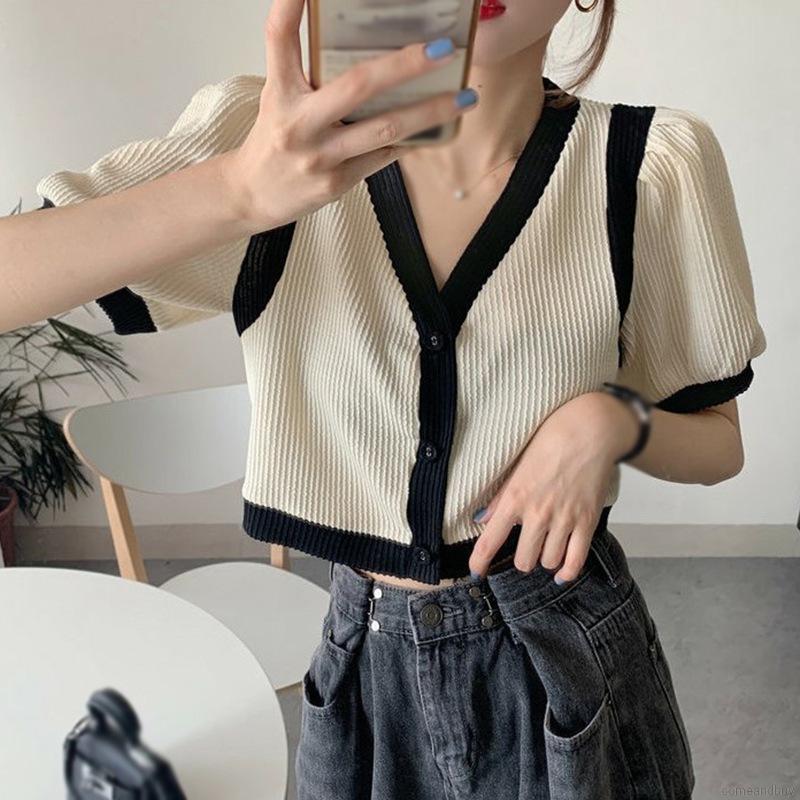 Áo Cardigan Dệt Kim Tay Phồng Cổ Chữ V Màu Tương Phản Phong Cách Pháp