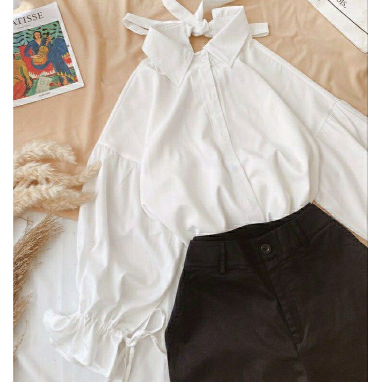 Áo sơ mi tay bồng buộc nơ sau kèm ảnh thật freesize