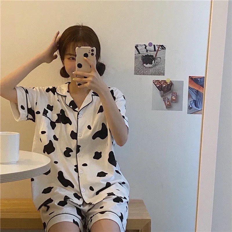 Bộ Ngủ Pyjama Cộc Tay Quần Đùi Họa Tiết Con Bò Sữa Dễ Thương - Set Đồ Ngủ Mặc Nhà Free Size