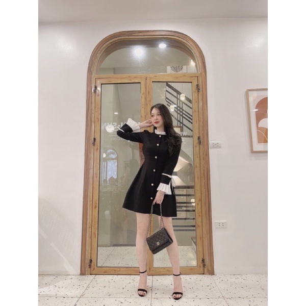 BEST SELLER - MINA DRESS - ĐẦM KAKHI ĐEN SANG CHẢNH PHA TAY TRẮNG