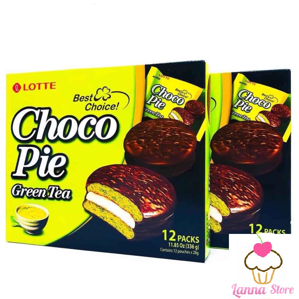 Chocopie LOTTE vị Cacao, Trà Xanh , Chuối hộp 336g (12 bánh) - Hàn Quốc 🇰🇷.