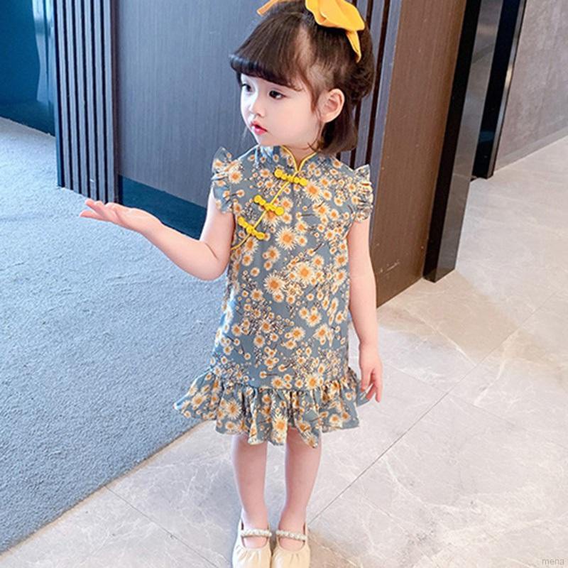 Đầm Sườn Xám In Hoa Kiểu Trung Hoa Thời Trang Mùa Hè Cho Bé Gái