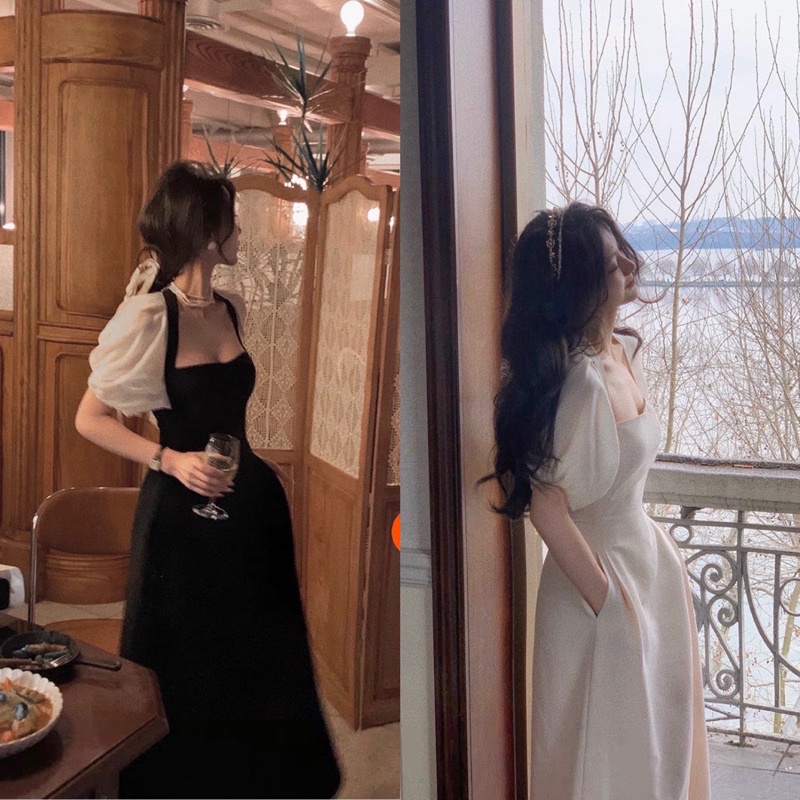 [ẢNH THẬT] VÁY DÁNG DÀI CHỮ A CỔ THUYỀN PHỐI TAY BÔNGG VOAN BE VDPTVB