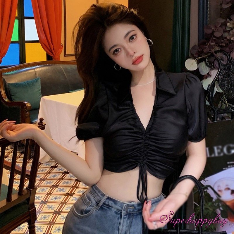 Áo Sơ Mi Tay Phồng Ngắn Cổ Bẻ Phối Dây Rút Thời Trang Cho Nữ