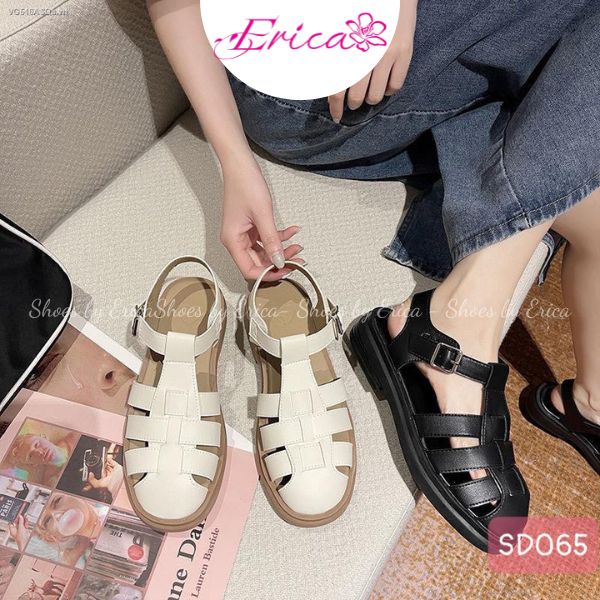 Xăng đan chiến binh - Dép sandal chiến binh đế bằng - quai hậu chữ T - Dép rọ chiến binh trắng đen Erica Shoes SD065 AHF