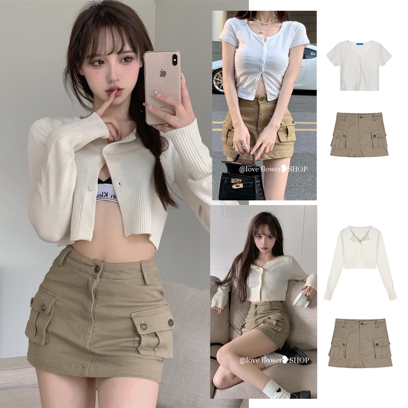 Set Áo cardigan Ngắn Màu Trắng Và Chân Váy Kaki Có Túi Thời Trang Cho Nữ