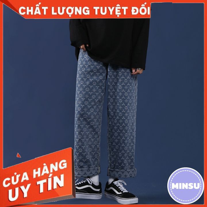 [HÀNG CAO CẤP] Quần Jean Ống Rộng In Họa Tiết LV Phong Cách Hàn Quốc cực ngầu