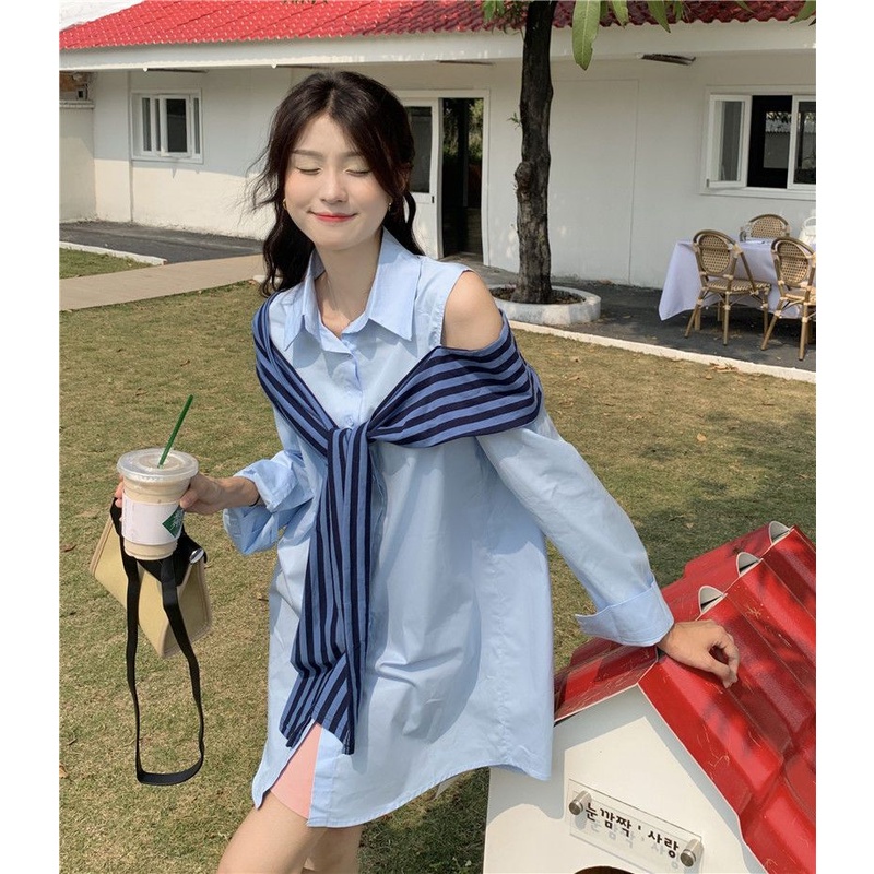 Enjoy Freedom Áo Sơ Mi Dài Tay Hở Vai Giả Hai Lớp Họa Tiết Sọc Thời Trang Dành Cho Nữ