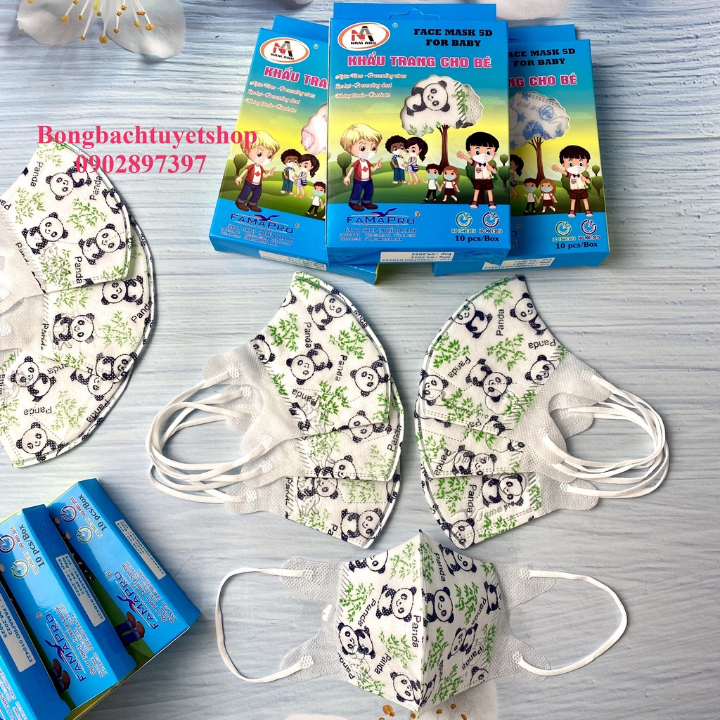 Khẩu trang IN HÌNH DỄ THƯƠNG cho bé FAMAPRO 5D KIDS hộp 10 cái kháng khuẩn Đoremon/ Kitty/ Gấu Trúc/ Kì Lân/ Vịt Donald